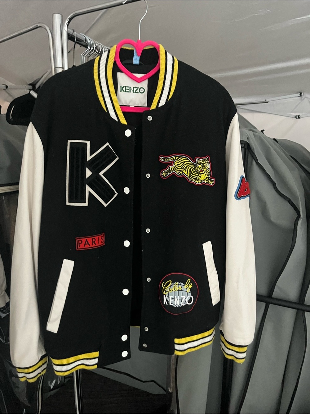 Kenzo Black & White  women’s Varsity Jacket with Yellow Trim and Tiger Patch